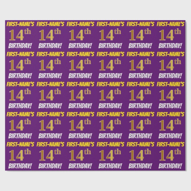 Purple, Faux/Imitation Gold, "14th BIRTHDAY" Wrapping Paper (Flat)
