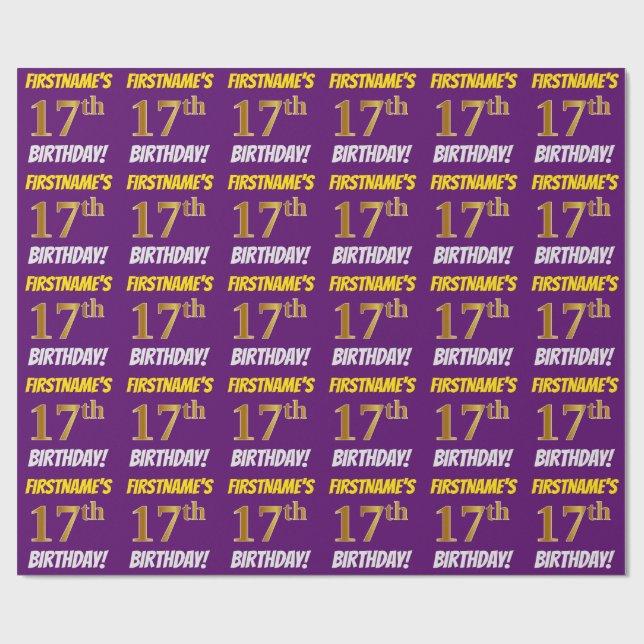 Purple, Faux/Imitation Gold, "17th BIRTHDAY" Wrapping Paper (Flat)