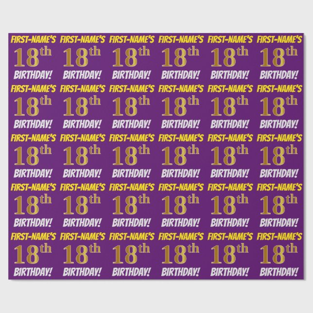 Purple, Faux/Imitation Gold, "18th BIRTHDAY" Wrapping Paper (Flat)