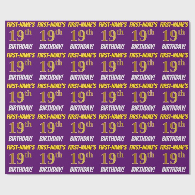 Purple, Faux/Imitation Gold, "19th BIRTHDAY" Wrapping Paper (Flat)