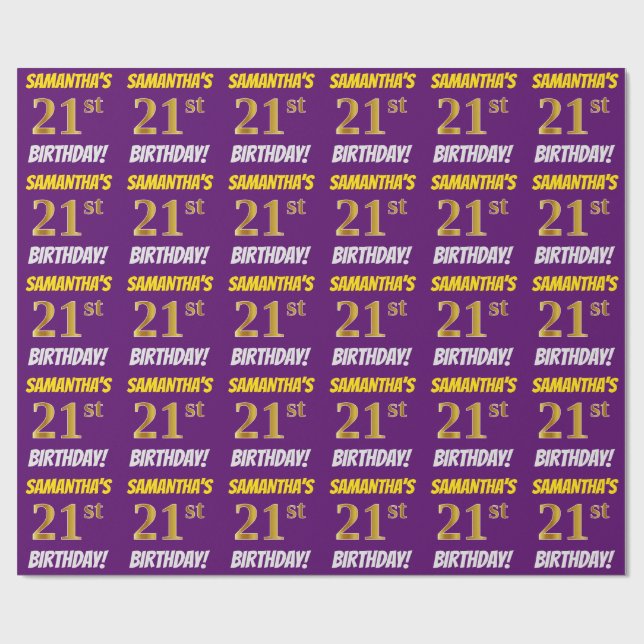Purple, Faux/Imitation Gold, "21st BIRTHDAY" Wrapping Paper (Flat)