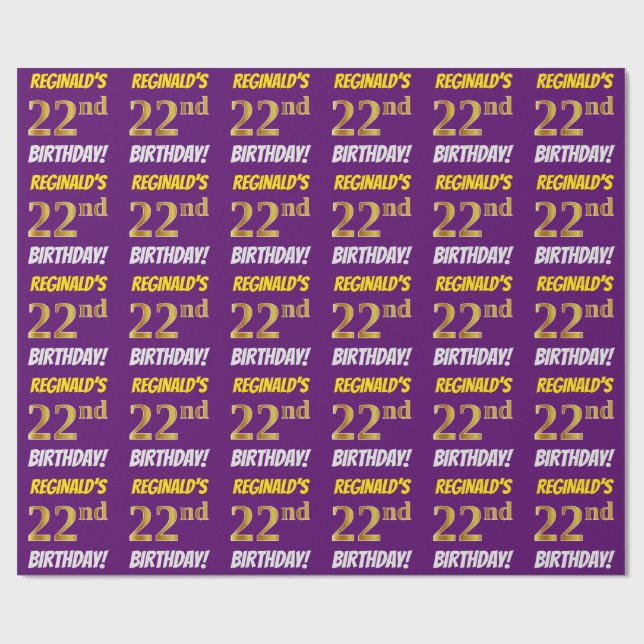 Purple, Faux/Imitation Gold, "22nd BIRTHDAY" Wrapping Paper (Flat)