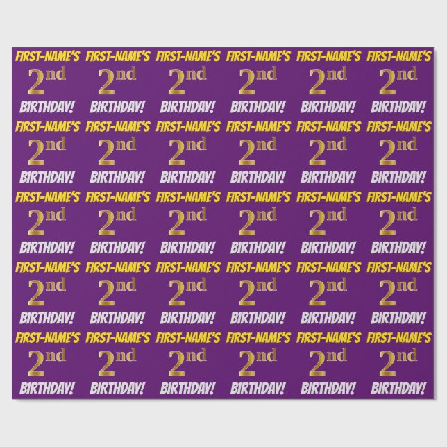Purple, Faux/Imitation Gold, "2nd BIRTHDAY" Wrapping Paper (Flat)