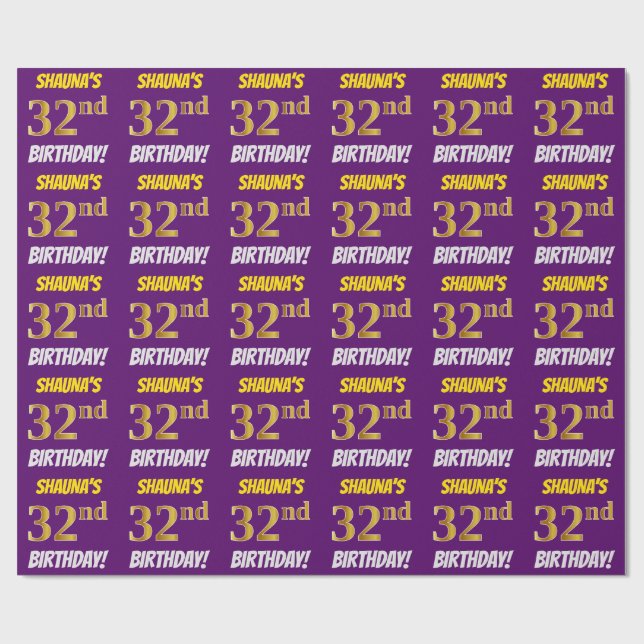 Purple, Faux/Imitation Gold, "32nd BIRTHDAY" Wrapping Paper (Flat)