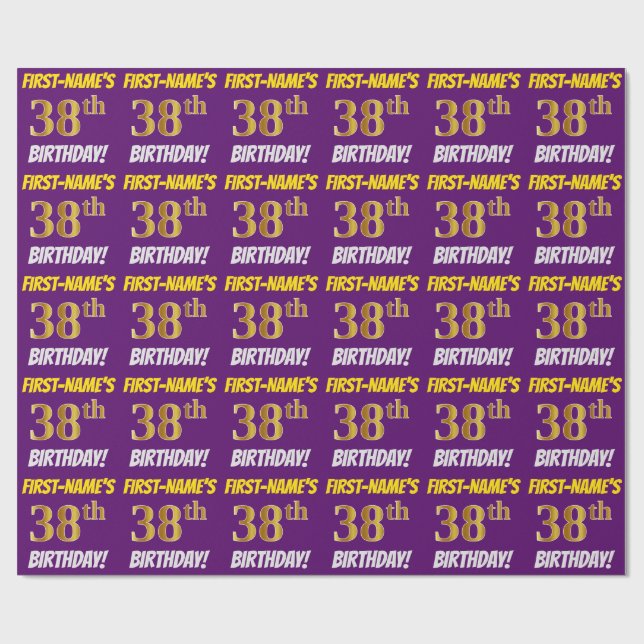 Purple, Faux/Imitation Gold, "38th BIRTHDAY" Wrapping Paper (Flat)