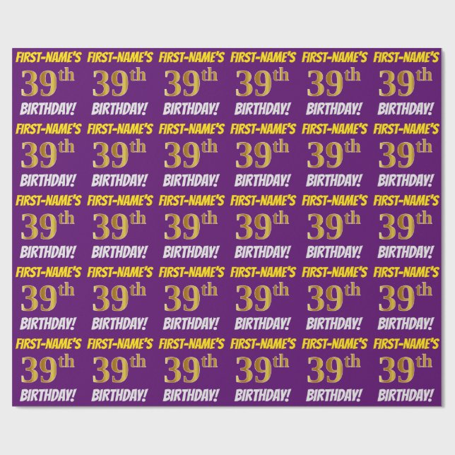 Purple, Faux/Imitation Gold, "39th BIRTHDAY" Wrapping Paper (Flat)