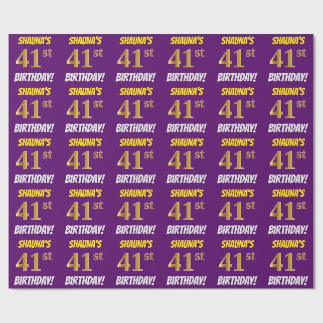 Purple, Faux/Imitation Gold, "41st BIRTHDAY" Wrapping Paper (Flat)