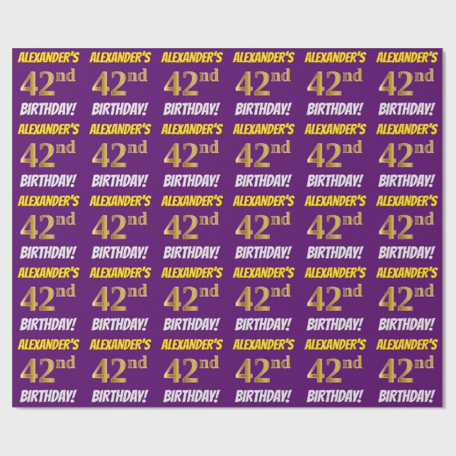 Purple, Faux/Imitation Gold, "42nd BIRTHDAY" Wrapping Paper (Flat)