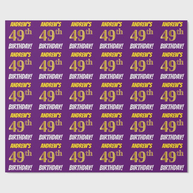 Purple, Faux/Imitation Gold, "49th BIRTHDAY" Wrapping Paper (Flat)
