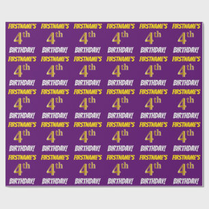 Purple, Faux/Imitation Gold, "4th BIRTHDAY" Wrapping Paper