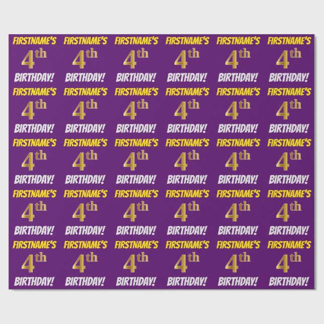 Purple, Faux/Imitation Gold, "4th BIRTHDAY" Wrapping Paper (Flat)