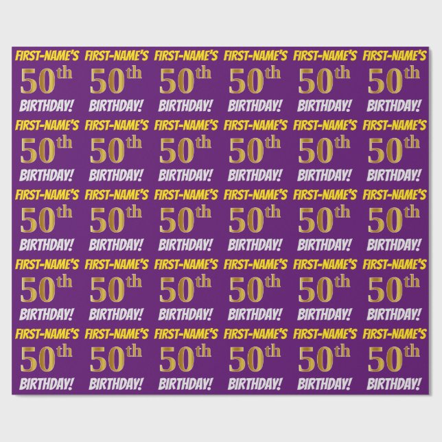 Purple, Faux/Imitation Gold, "50th BIRTHDAY" Wrapping Paper (Flat)