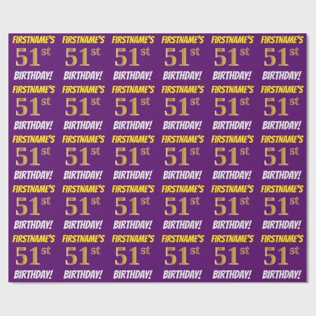 Purple, Faux/Imitation Gold, "51st BIRTHDAY" Wrapping Paper (Flat)
