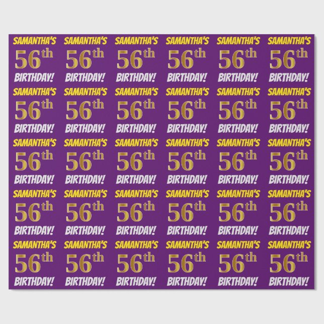 Purple, Faux/Imitation Gold, "56th BIRTHDAY" Wrapping Paper (Flat)
