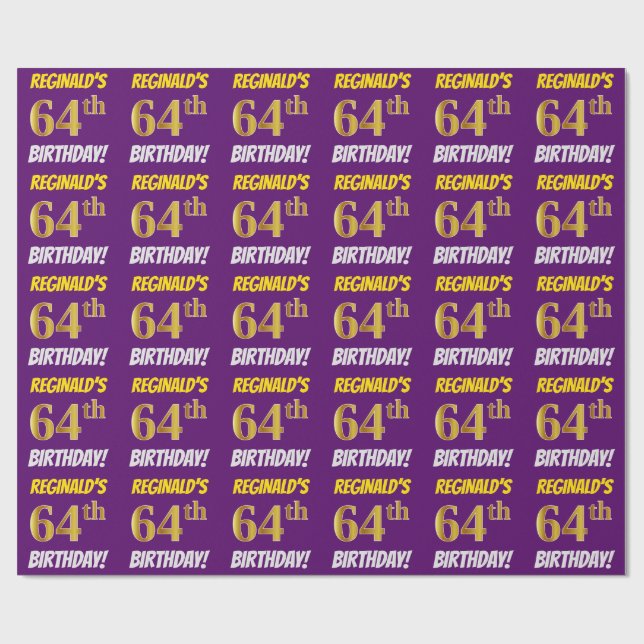 Purple, Faux/Imitation Gold, "64th BIRTHDAY" Wrapping Paper (Flat)