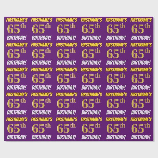 Purple, Faux/Imitation Gold, "65th BIRTHDAY" Wrapping Paper (Flat)