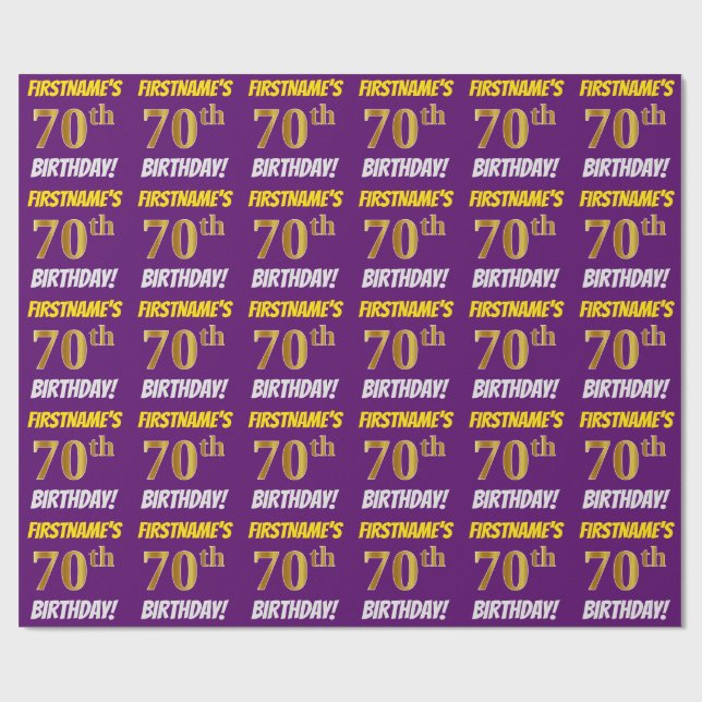 Purple, Faux/Imitation Gold, "70th BIRTHDAY" Wrapping Paper (Flat)