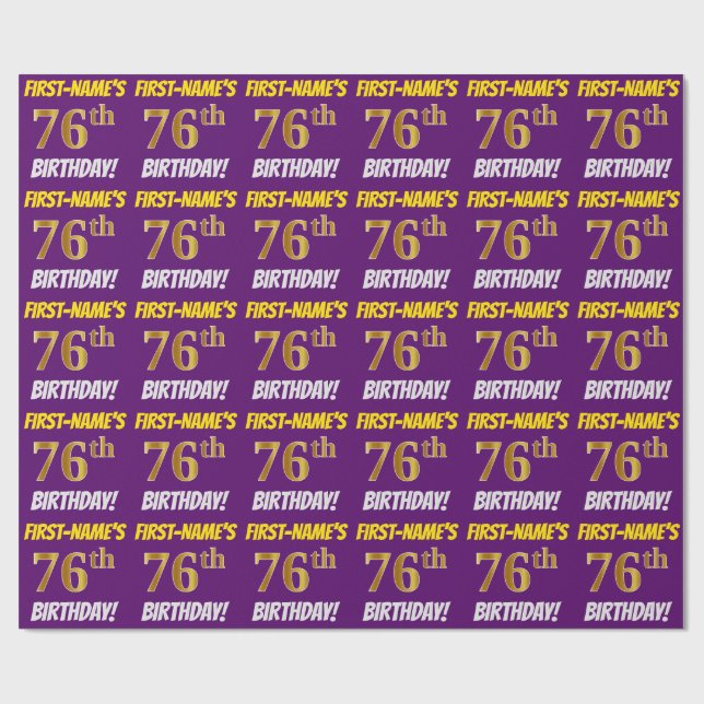 Purple, Faux/Imitation Gold, "76th BIRTHDAY" Wrapping Paper (Flat)