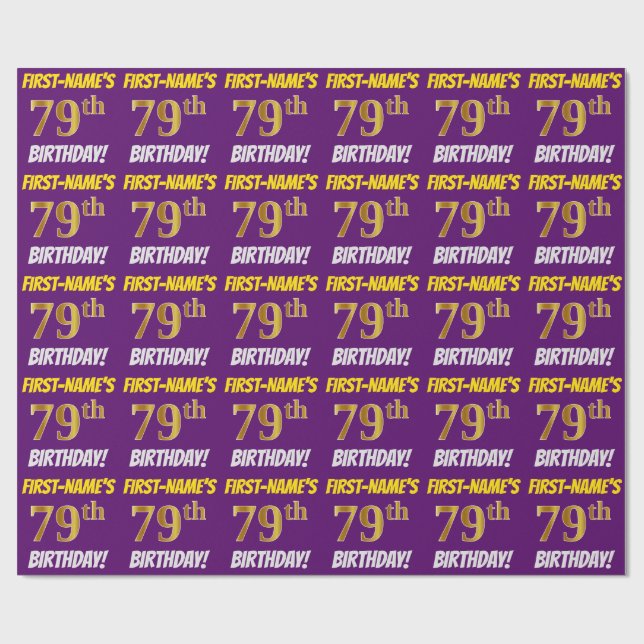 Purple, Faux/Imitation Gold, "79th BIRTHDAY" Wrapping Paper (Flat)