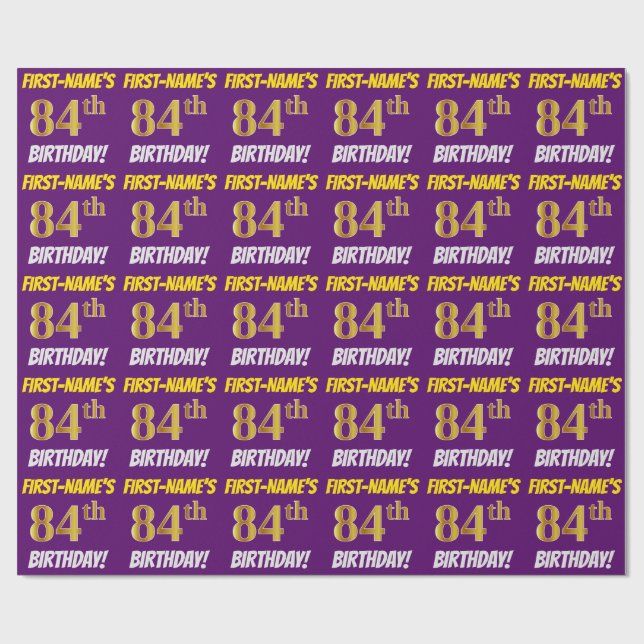 Purple, Faux/Imitation Gold, "84th BIRTHDAY" Wrapping Paper (Flat)