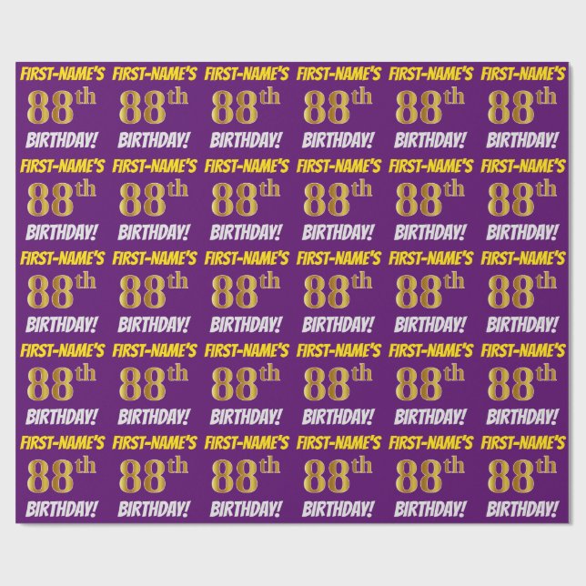 Purple, Faux/Imitation Gold, "88th BIRTHDAY" Wrapping Paper (Flat)