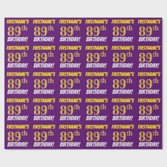 Purple, Faux/Imitation Gold, "89th BIRTHDAY" Wrapping Paper (Flat)