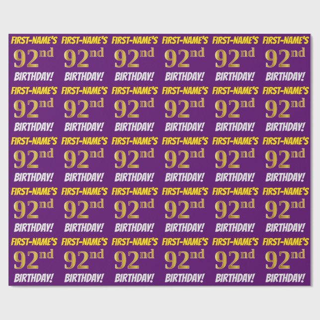 Purple, Faux/Imitation Gold, "92nd BIRTHDAY" Wrapping Paper (Flat)