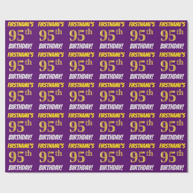 Purple, Faux/Imitation Gold, "95th BIRTHDAY" Wrapping Paper (Flat)