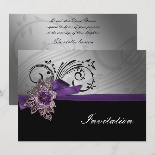 Purple FAUX ribbon vintage brooch Wedding Invitation (Front/Back)