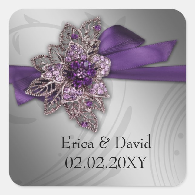 Purple FAUX ribbon vintage brooch Wedding Square Sticker (Front)