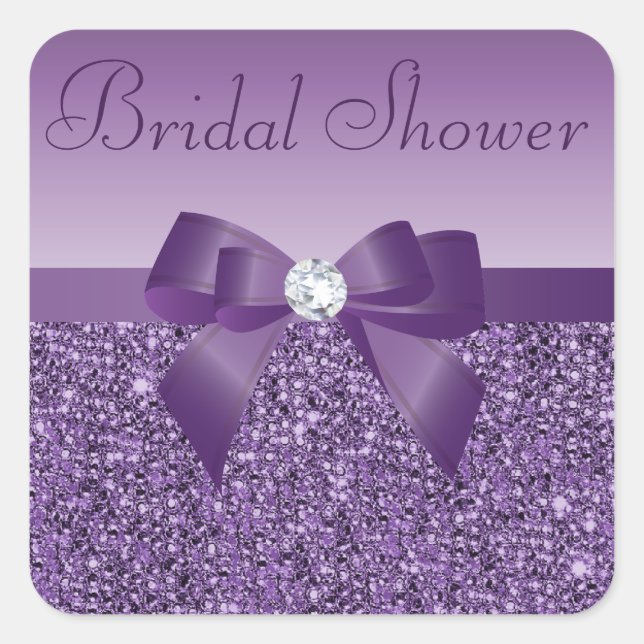 Purple Faux Sequins Bow & Bling Bridal Shower Square Sticker (Front)