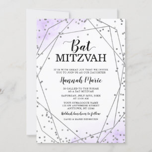 Purple Faux Silver Glitter Geometric Bat Mitzvah Invitation