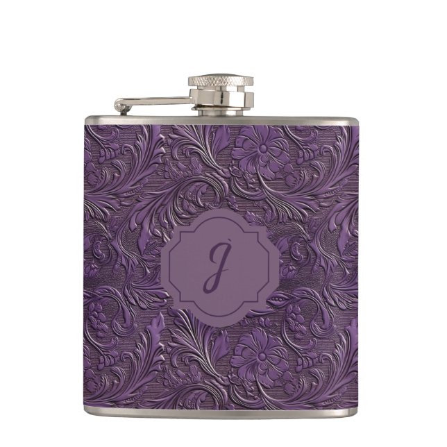 Purple Faux Tooled Leather Vinyl  Hip Flask (Front)