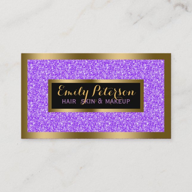 Purple Fax Glitter Gold Accents Makeup Business Card (Front)