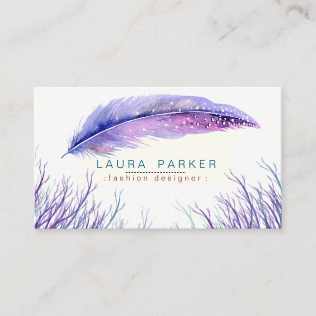 Purple Feather Watercolor Boho Girly Chic Business Card (Front)