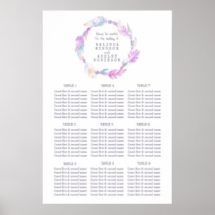 Purple feather watercolor wedding table plan poster