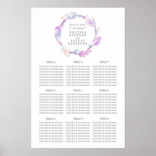 Purple feather watercolor wedding table plan poster (Front)