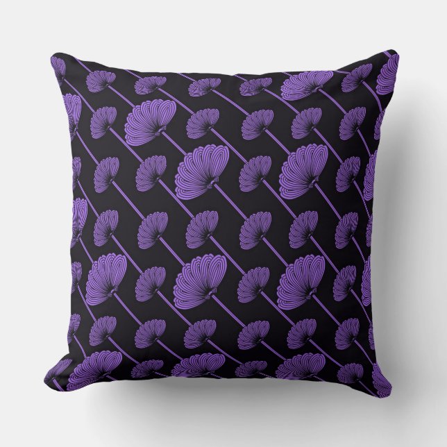 Purple Feathered Floral Fans Pattern Throw Pillow (Front)