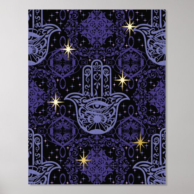 Purple Felt Look Hamsa Hand with Stars Foil Prints (Front)