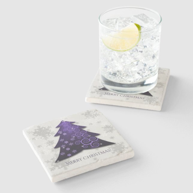 Purple Festive Christmas Tree Stone Coaster (Side)
