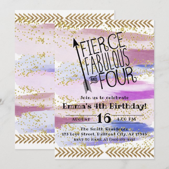 Purple Fierce Fabulous & four 4th Birthday Invitation (Front/Back)