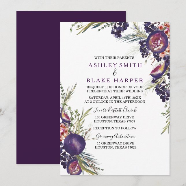 Purple Fig Watercolor Floral Wedding Invite (Front/Back)