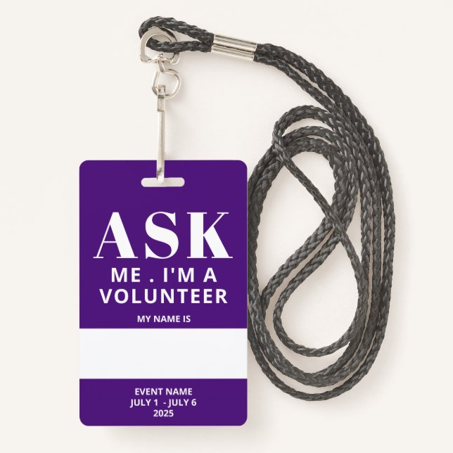 Purple Fill In Name Volunteer Badge ID Badge (Front with Lanyard)
