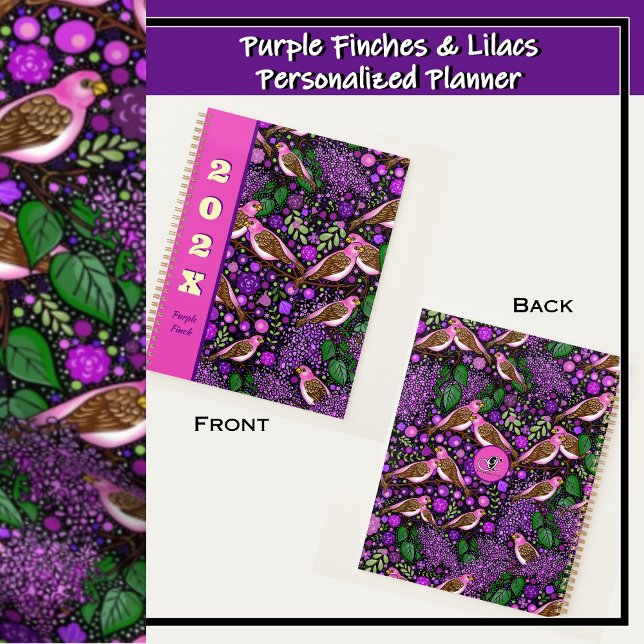 Purple Finches, Lilacs - NH State Bird and Flower Planner (Delicate beauty and striking plumage of purple finches nestling on lilac branches among flowers.)