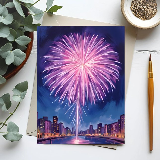 Purple Fireworks | Happy New Year Watercolor Holiday Card (Creator Uploaded)