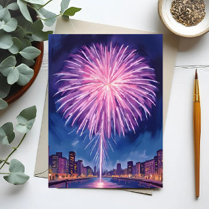 Purple Fireworks   Happy New Year Watercolor Postcard
