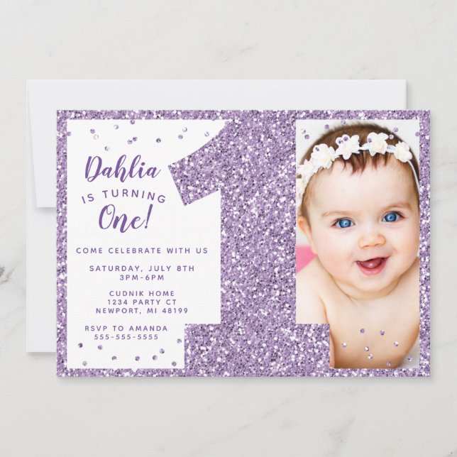 Purple First Birthday Invitation, Faux Glitter Invitation (Front)