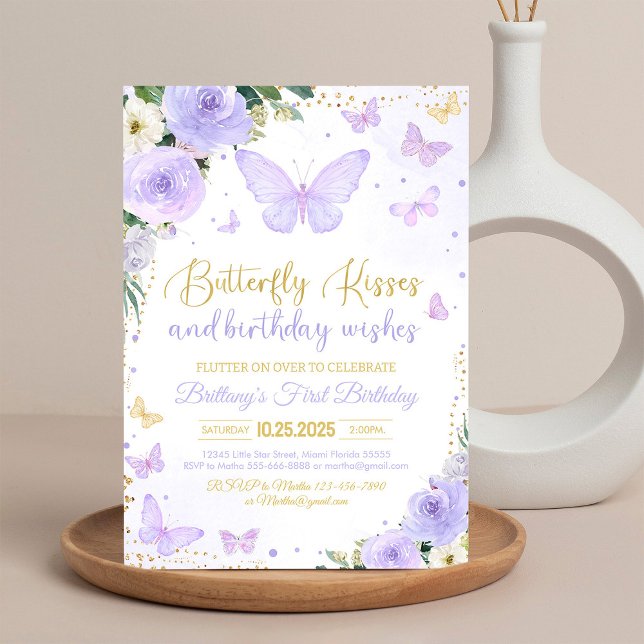 Purple First Butterfly Kisses Birthday Invitation (Creator Uploaded)
