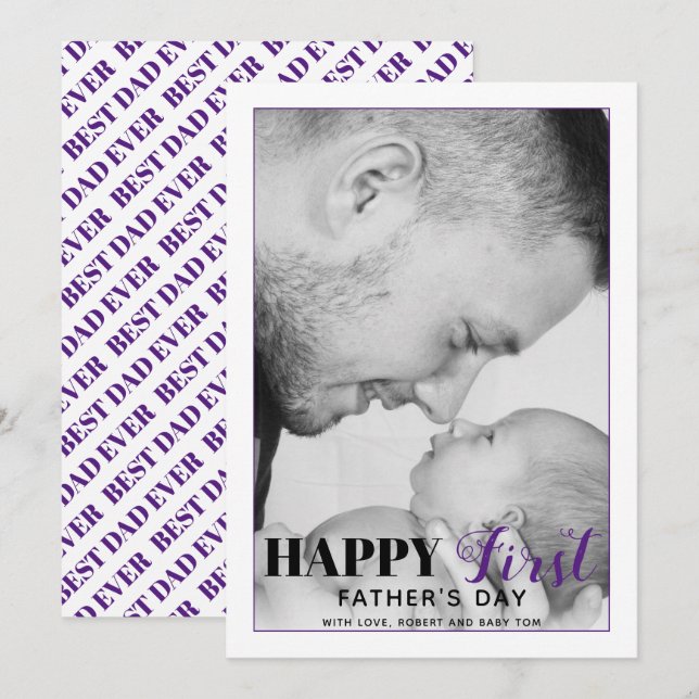 Purple First Father's Day typography photo card (Front/Back)