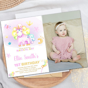 Purple First Unicorn Birthday Invitations w photo